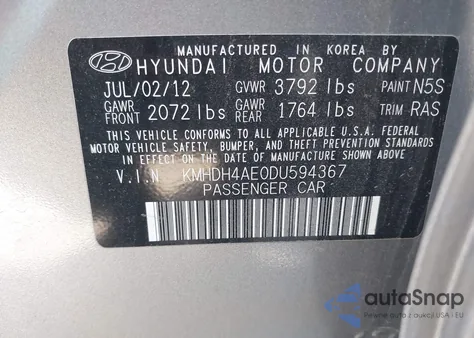2013 Hyundai Elantra Limited z USA, uszkodzony, nr VIN KMHDH4AE0DU594367